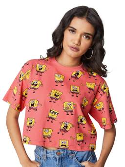 The Souled Store - Spongebob Many Moods Cotton Women Oversized Cropped T-Shirt