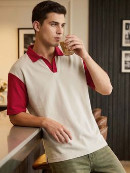 Bewakoof - Beige Colorblock Oversized Fit Polo T-Shirt