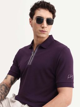 Rare Rabbit - Purple Embroidered Regular Fit Polo T-Shirt
