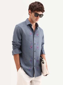 Rare Rabbit - Grey Embroidered Regular Fit Shirt