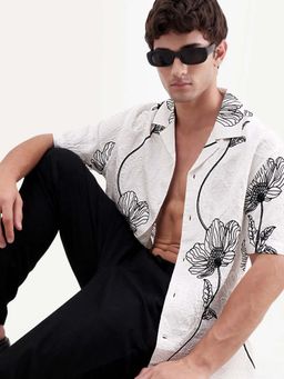 Rare Rabbit - White Embroidered Relaxed Fit Shirt