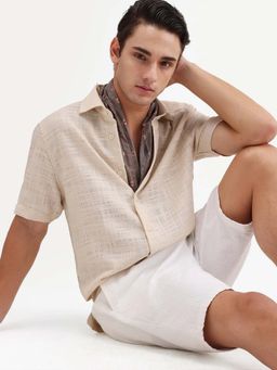 Rare Rabbit - Beige Textured Regular Fit Shirt