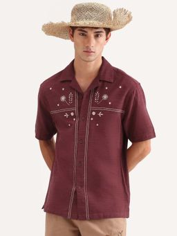 Rare Rabbit - Red Embroidered Relaxed Fit Shirt