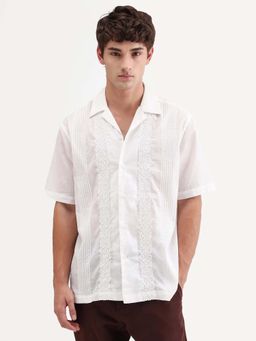 Rare Rabbit - White Embroidered Regular Fit Shirt