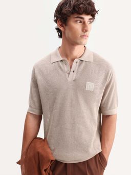Rare Rabbit - Beige Textured Regular Fit Polo T-Shirt