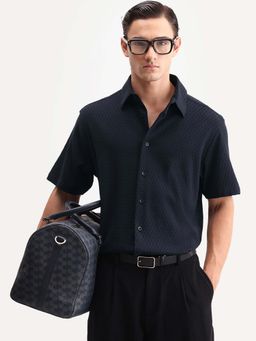 Rare Rabbit - Navy Blue Self Design Regular Fit Shirt