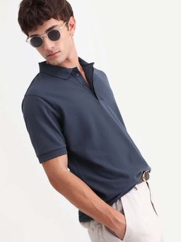 Rare Rabbit - Navy Blue Solid Regular Fit Polo T-Shirt