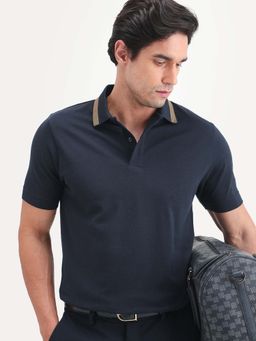 Rare Rabbit - Navy Blue Solid Regular Fit Polo T-Shirt