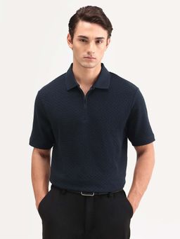 Rare Rabbit - Navy Blue Textured Regular Fit Polo T-Shirt