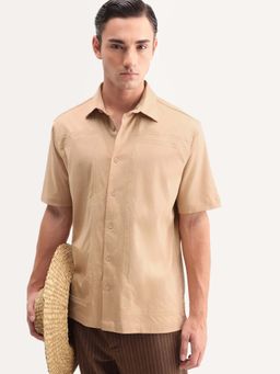 Rare Rabbit - Beige Embroidered Regular Fit Shirt