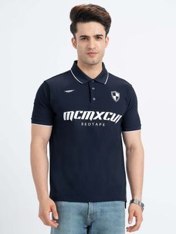 Red Tape - Navy Blue Typography Regular Fit Polo T-Shirt