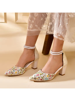 La Fiza - Floretta Ivory White Embellished Block Heels