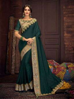 Odette - Green Satin Silk Designer Saree with Unstitched Blouse