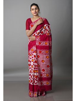 Unnati Silks - Maroon Pure Batik Kota Cotton Saree with Unstitched Blouse
