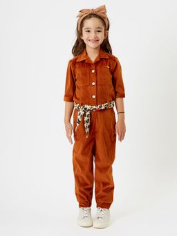 One Friday - Brown Solid Jumpsuit with Belt