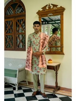 TAJIRI - Karigari Olive Sherwani with Pant and Stole