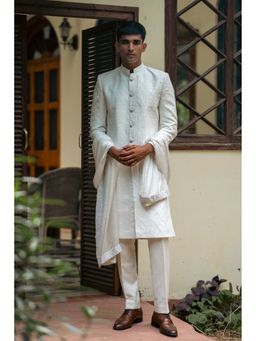 TAJIRI - Pearl Off White Sherwani with Pant and Stole