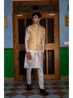 TAJIRI - Auric Beige Cotton Silk Plain Kurta with Pant and Jacket