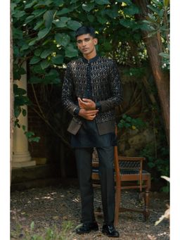 TAJIRI - Monarch Black Cotton Satin Thread Work Kurta with Pant and Jacket