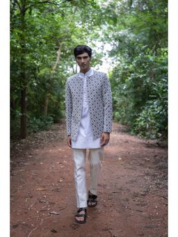 TAJIRI - Prowess White Cotton Satin Thread Work Kurta with Pant and Jacket