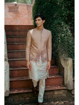 TAJIRI - Nazakat Beige Silk Thread Work Kurta with Pant and Blazer