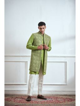TAJIRI - Karshan Green Cotton Blend Thread Work Kurta with Pant and Jacket