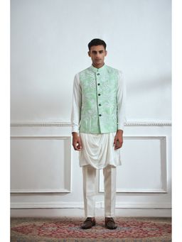 TAJIRI - French Knots White Cotton Blend Thread Work Kurta with Pant and Jacket