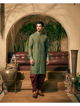 TAJIRI - Zubair Green Silk Blend Thread Work Kurta and Salwar