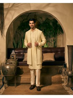 TAJIRI - Dastan Beige Silk Blend Thread Work Kurta with Pant and Jacket