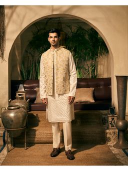 TAJIRI - Broca Shia Beige Silk Zari Kurta with Pant and Jacket