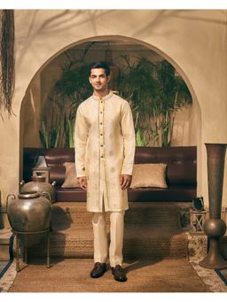 TAJIRI - Dastkar Beige Silk Blend Zari Kurta with Pant