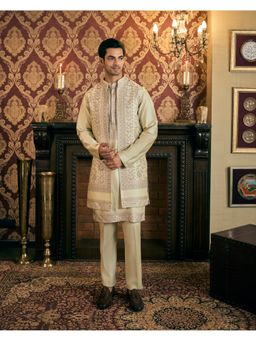 TAJIRI - Mirage Green Raw Silk Thread Work Kurta with Pant and Jacket