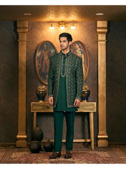 TAJIRI - Zareen Green Silk Blend Thread Work Kurta with Pant and Jacket