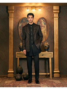 TAJIRI - Nocturne Black Velvet Thread Work Kurta with Pant and Blazer