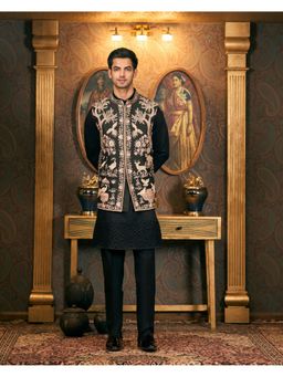 TAJIRI - Nirvaan Black Silk Blend Thread Work Kurta with Pant and Jacket