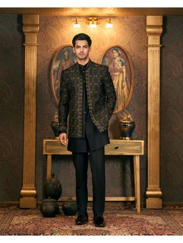 TAJIRI - Kantha Black Raw Silk Thread Work Kurta with Pant and Jacket