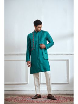 TAJIRI - Emerald Blue Cotton Blend Thread Work Kurta with Pant