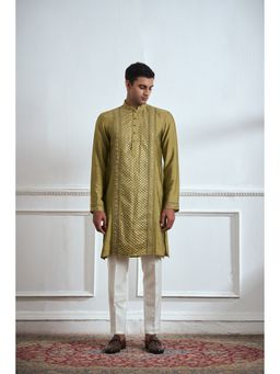 TAJIRI - Henna Green Cotton Blend Thread Work Kurta with Pant