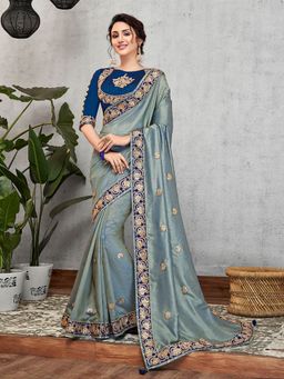 Odette - Blue Dual Tone Silk Designer Saree with Unstitched Blouse