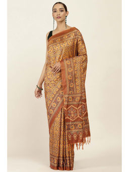 Soch - Mustard Silk Blend Printed Saree with Unstitched