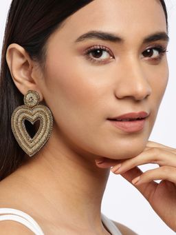 Blueberry - Golden Beads Embellished Heart Shape Drop Earring