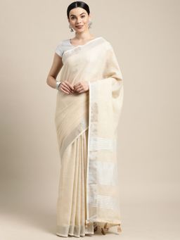 Sangam Prints - Beige Linen Woven Work Tassle Saree with Unstitched Blouse with Unstitched