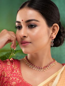 Saraf RS Jewellery - Gold Toned Pink Kemp Stone Studded Statement Jewellery (Set Of 2) (Set Of 2)