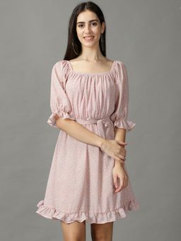 SHOWOFF - Womens Fit and Flare Peach Printed Dress