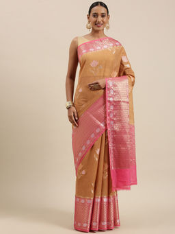 Banarasi Silk Works - Orange Floral Maheshwari Cotton with Unstitched Blouse