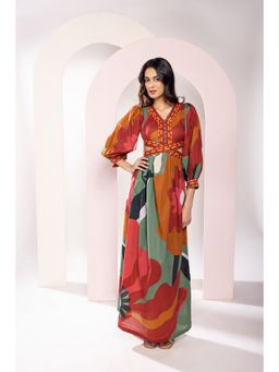 Poppi - Multicolor Autumn Printed Cut-Out Maxi Dress