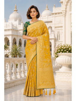Monjolika Fashion - Mustard Yellow Banarasi Pure Kanjivaram Silk Saree with Unstitched Blouse