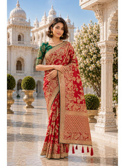 Monjolika Fashion - Red Banarasi Pure Kanjivaram Silk Saree with Unstitched Blouse