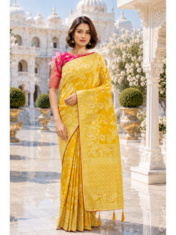 Monjolika Fashion - Yellow Banarasi Pure Kanjivaram Silk Saree with Unstitched Blouse