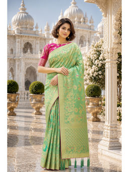 Monjolika Fashion - Sea Green Banarasi Pure Kanjivaram Silk Saree with Unstitched Blouse